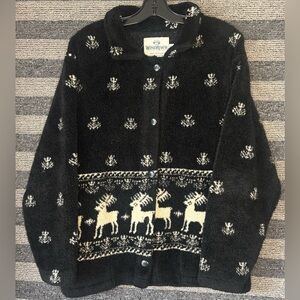 Vintage 90’s WindRiver Black Fleece Winter Scene Jacket Sweater Medium Oversized